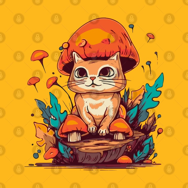 Tiny and happy cat under the mushrooms by tatadonets