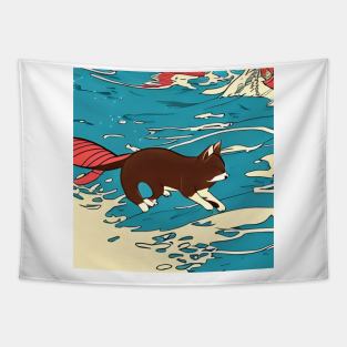 Wave Japanese Cat Tapestry