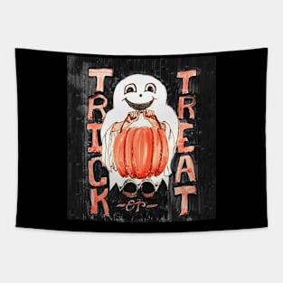 Trick or Treat Ghosty with Pumpkin Pail on Black Background Tapestry