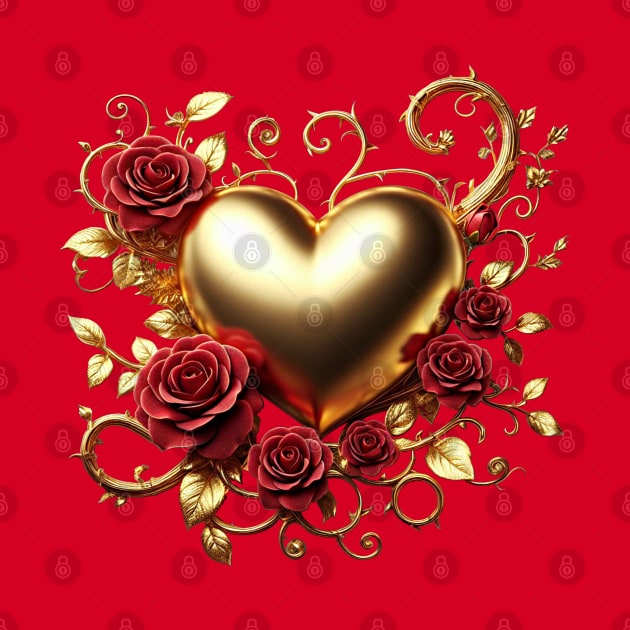 Valentines Day Gold Heart and Red Roses by Amanda Lucas