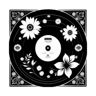 Black and White Floral Vinyl Record T-Shirt