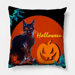 BLACK CAT WITH PUMPKIN IN HALLOWEEN NIGHT Pillow