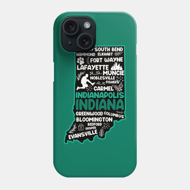 Indianapolis Indiana cute map, Fort Wayne, Evansville, Carmel, South Bend, Fishers, Bloomington, Hammond, Gary, Lafayette Phone Case by BoogieCreates