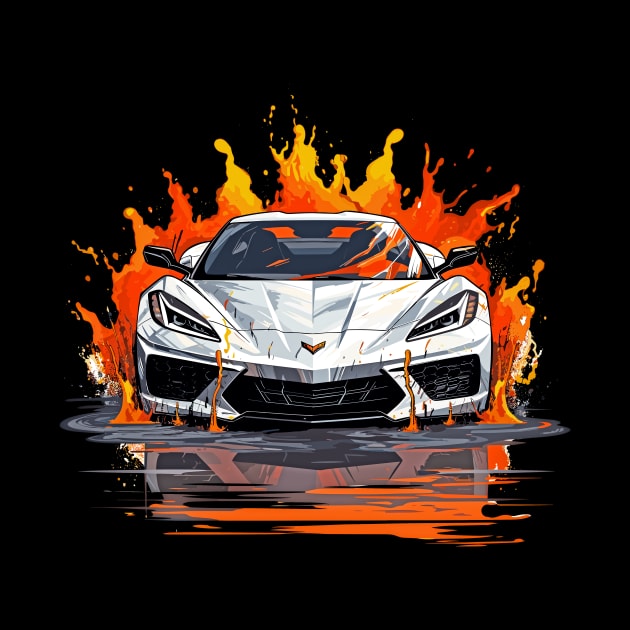 Arctic White C8 Corvette Racecar with Flaming Background by Tees 4 Thee