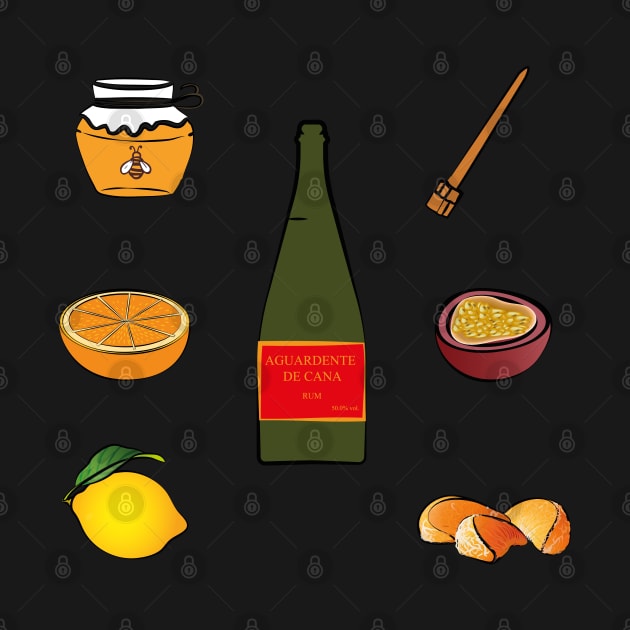 Madeira Island Poncha icons: fruits, aguardente de cana/rum, honey and traditional stirring stick by Donaby