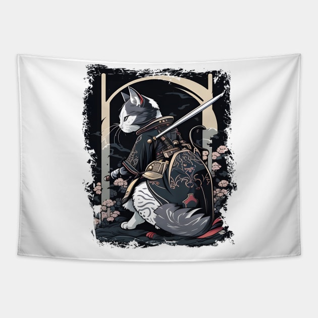 Japanese Cat Samurai Katana Sameowrai Anime Funny Tapestry by William Edward Husband