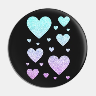 Pastel Blue and Purple Ombre Faux Glitter Hearts Pin