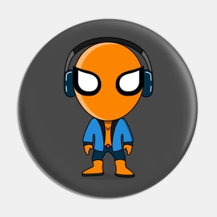 hero in orange and blue costume using headphones Pin