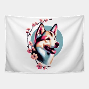 Norwegian Lundehund and Spring Cherry Blossoms Portrait Tapestry