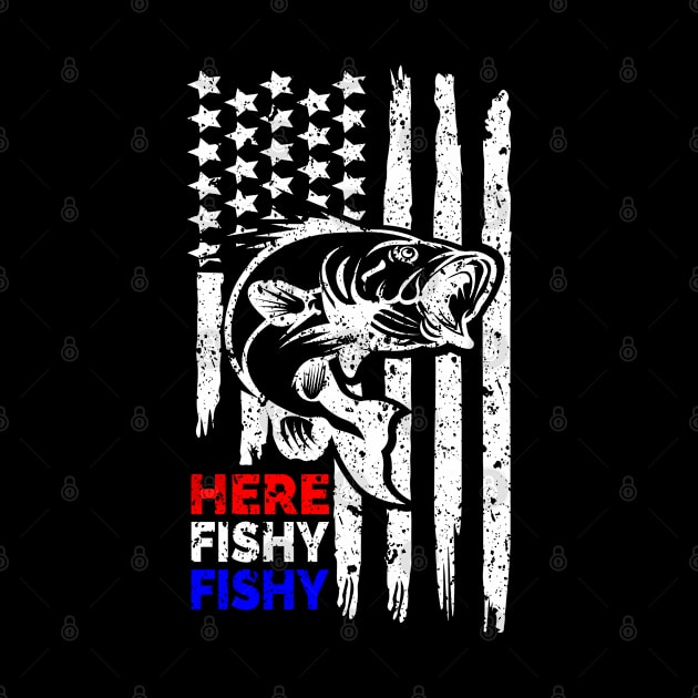 US Flag My Lucky Fishing, Here Fishy Fishy Fishy Bass Fish by Jas-Kei Designs