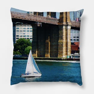 Manhattan NY - Sailboat by the Brooklyn Bridge Pillow