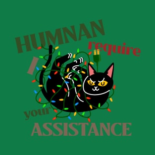 Cute black cat tangled in festive lights T-Shirt