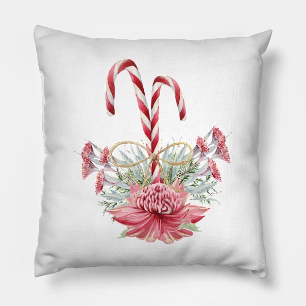 Australian Christmas - Candy Canes and Native Flowers Pillow by annaleebeer