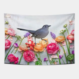 Gray Catbird in the Flower Garden Tapestry