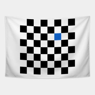 Checkered Black and White with One Blue Square Tapestry