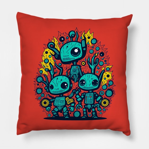 Three Robots Amigos Pillow by AnAzArt