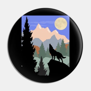 Mountain Scene Howling Wolf Pin