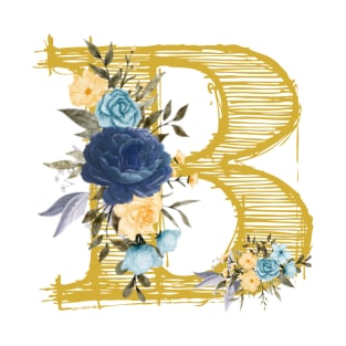 Monogram Letter B In Metallic Gold With Aesthetic Blue Flowers Botany T-Shirt