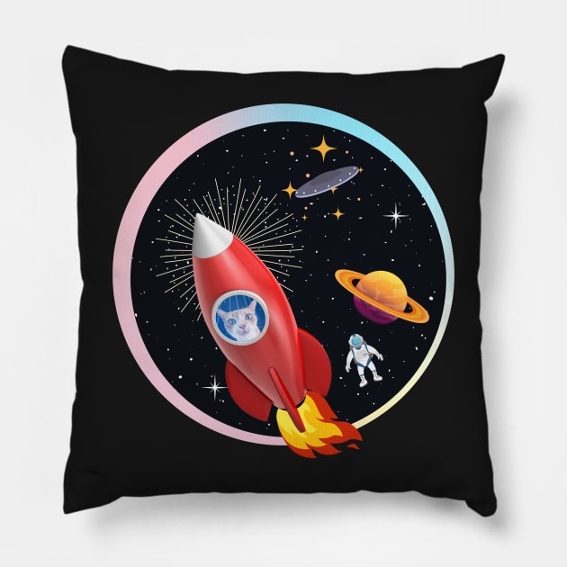 Cat in Rocket 3 (Orange Kitty) Pillow by leBoosh-Designs