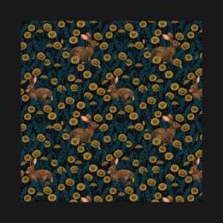 Rabbits and dandelions, yellow, brown and blue T-Shirt