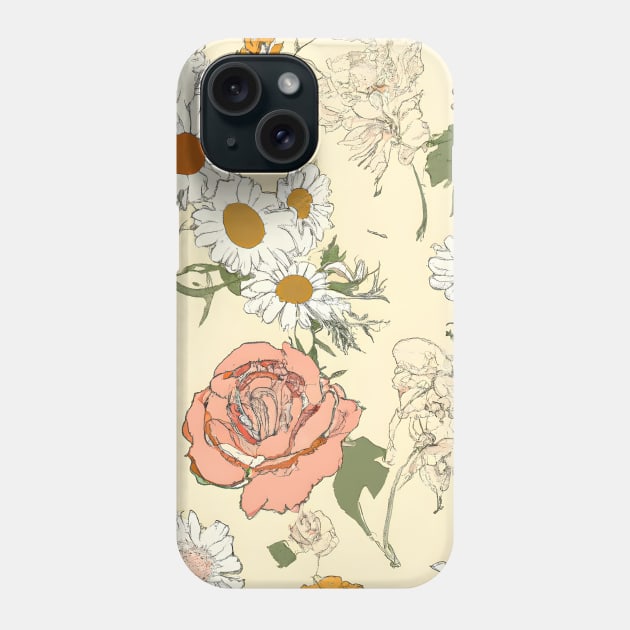 Hand-drawn floral motifs. Delicate daisies and roses scattered on a pale yellow background. Vintage flower wallpaper. Phone Case by Zenflow