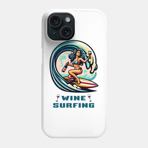 Wine Surfing funny t-shirt surfer woman in gorgeous bikini rides an ocean wave holding a wine bottle and a glass of wine Phone Case by Cat In Orbit ®