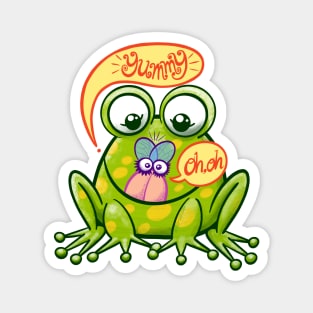 Mischievous green frog hunting a worried housefly in cute scene Magnet