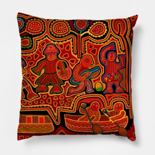 Kuna Indian Mola Men in Boats - Red Pillow