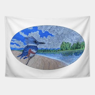 Belted Kingfisher on Columbia River edge Tapestry
