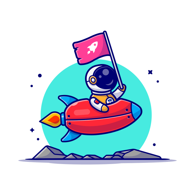 Cute Astronaut Holding Flag With Riding Rocket in Space Cartoon Vector Icon Illustration by Catalyst Labs