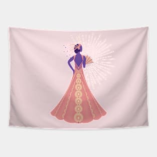 Art Deco sunset peacock dress Tapestry