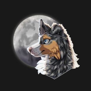 Tricolor Blue Merle Border Collie with Night Sky Full Moon T-Shirt