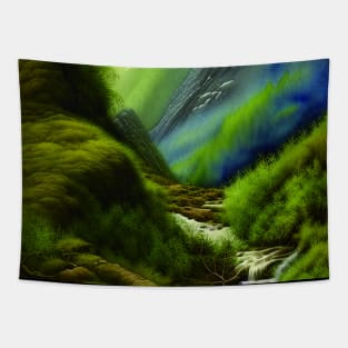 Digital Painting Of a Beautiful Mountains and River with a Greenery Outside Nature Tapestry