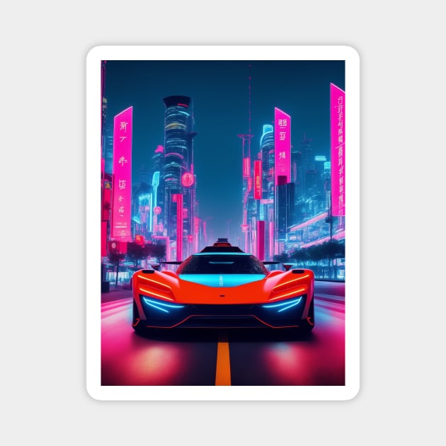 Dark Neon Sports Car in Asian Neon City Magnet by star trek fanart and more