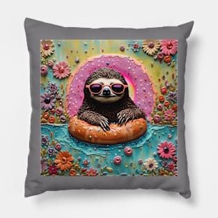 Sloth Chilling in a Floating Donut Pillow