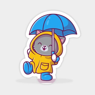 Cute Cat With Raincoat and Umbrella Cartoon Vector Icon Illustration Magnet