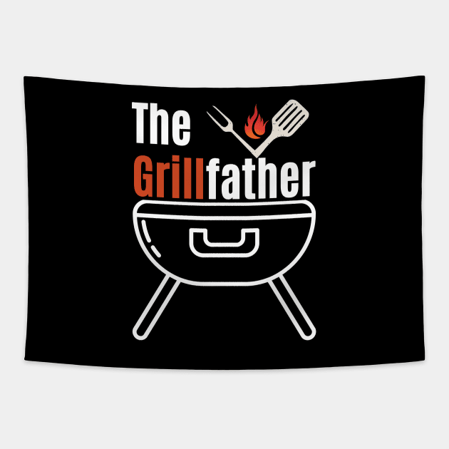 The Grillfather, Funny Grilling Chef Dad Father's Day Tapestry by Motistry