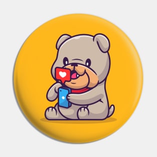 Cute Bulldog Playing Phone Cartoon Pin