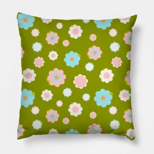 White, blue and pink flowers over green background Pillow