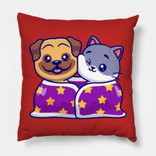 Cute Pug Dog And Cat Wearing Blanket Together Cartoon Pillow