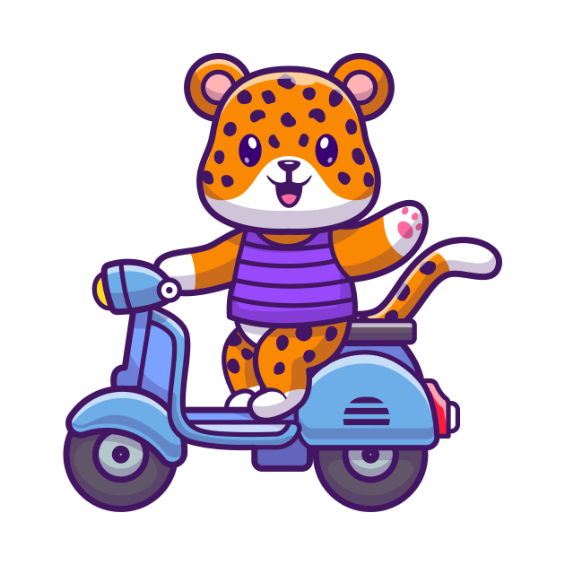 Cute Cheetah Tiger Riding Scooter And Waving Hand Cartoon by Catalyst Labs