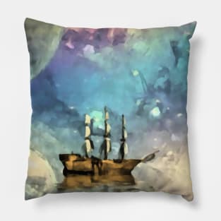 Sailing ship with full sails in fantastic space Pillow