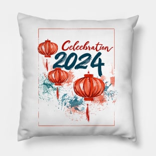 Red and Blue 2024 Celebration: Paintbrush Art of Chinese Lantern & Firework Pillow