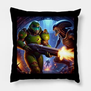 Doom Guy vs Xenomorphs Pillow