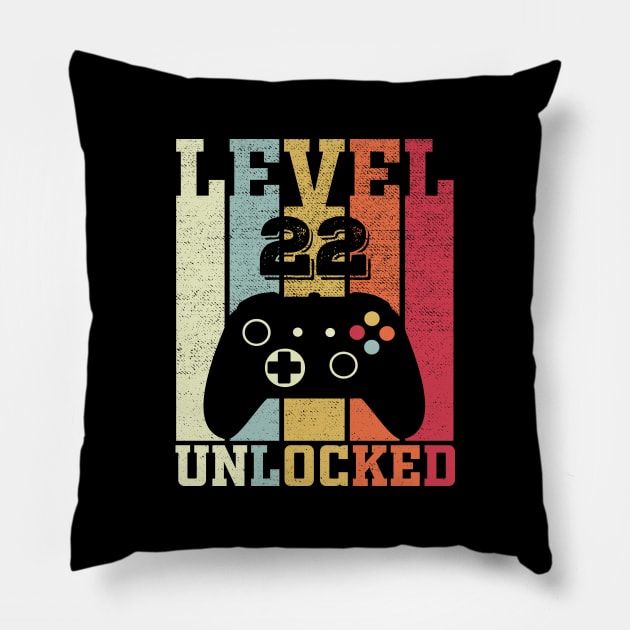 Level 22 Unlocked Funny Video Gamer 22nd Birthday Gift Pillow by DragonTees