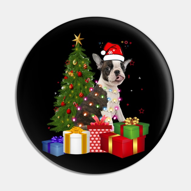 Boston Terrier Christmas Tree Santa Hat Funny Xmas Gift Dog T-Shirt Pin by CoolTees