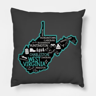 Cute map of West Virginia Charleston Lewisburg Huntington Morgantown Buckhannon Pillow