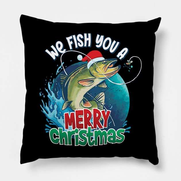 Fish You A Merry Christmas - Funny Fishing Christmas Design Pillow by Graphic Duster