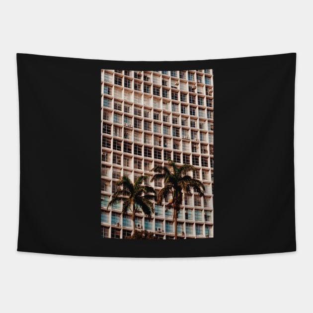 Building Pattern with Palm Trees - Aesthetic Tapestry by Ravensdesign