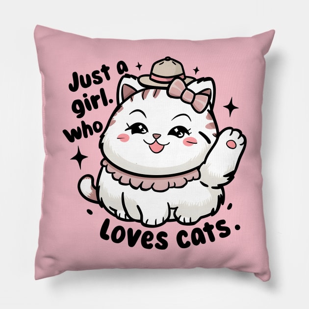 Just a Girl Who Loves Cats & a cute white kitten smiles happy Pillow by KENG 51